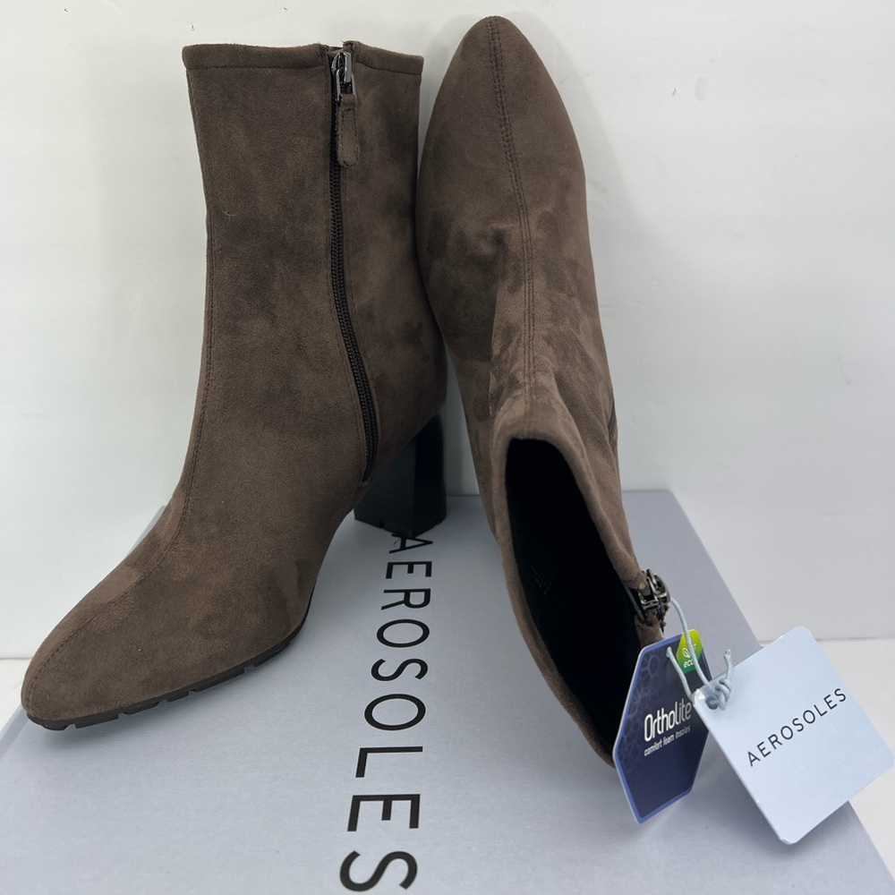 AEROSOLES MINI BAYLOR BOOTS TAPERED TOES FAUX SUEDE ORTHOLITE INSOLE, BROWN, 8.5